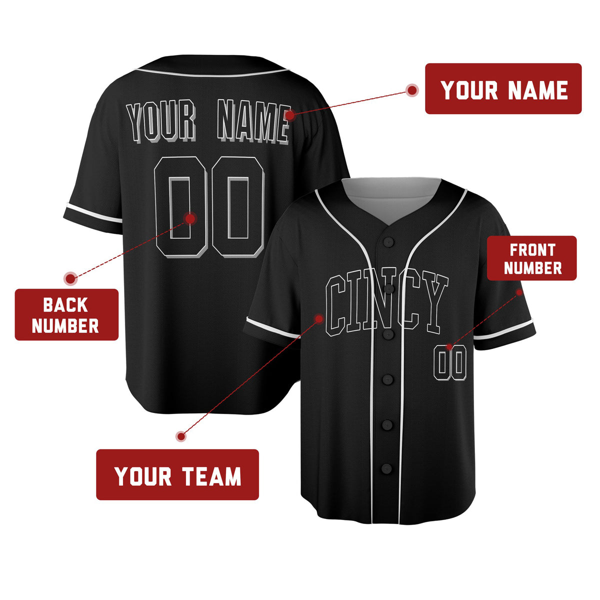 Custom Cincinnati Baseball Jersey - Blackout Outline Style, Personalized Name & Number-2