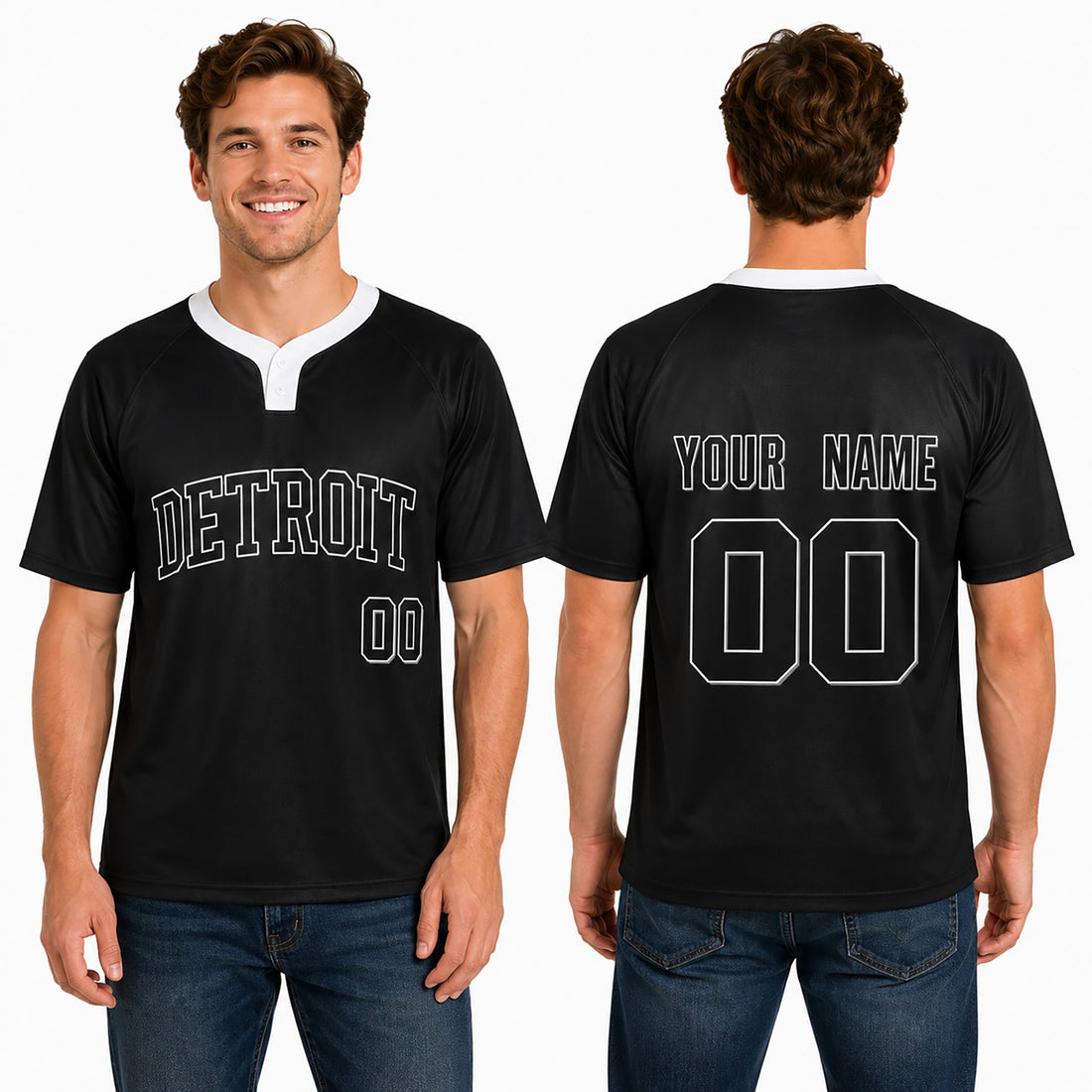 Custom Detroit Two-Button Baseball Jersey - Blackout Outline Style, Personalized Name & Number-1