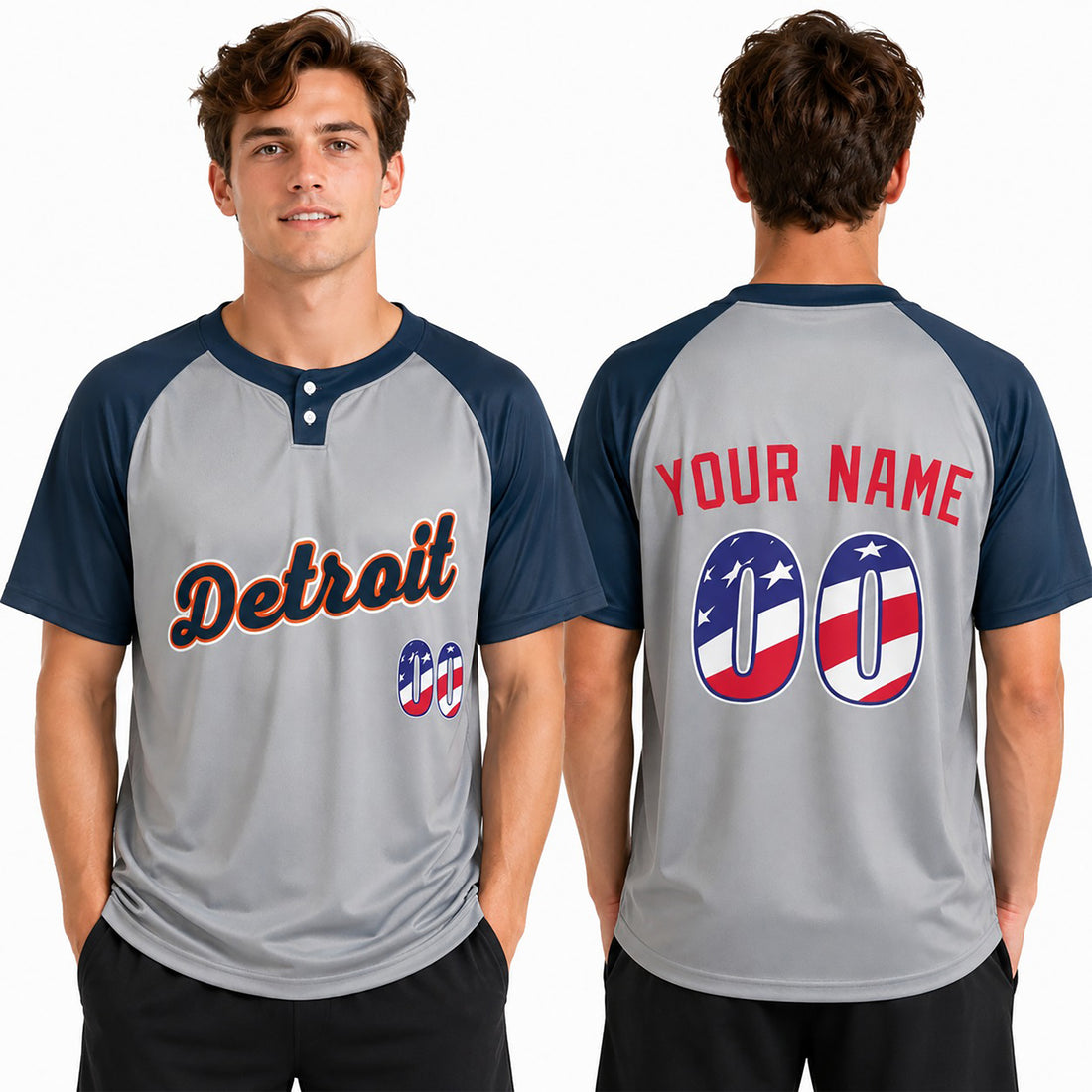 Custom Detroit Two-Button Baseball Jersey - USA 250th Fourth of July Road Style, Personalized Name & Number-1