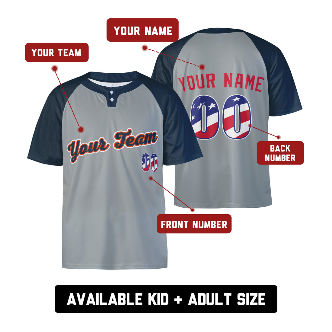 Custom Detroit Two-Button Baseball Jersey - USA 250th Fourth of July Road Style, Personalized Name & Number-1