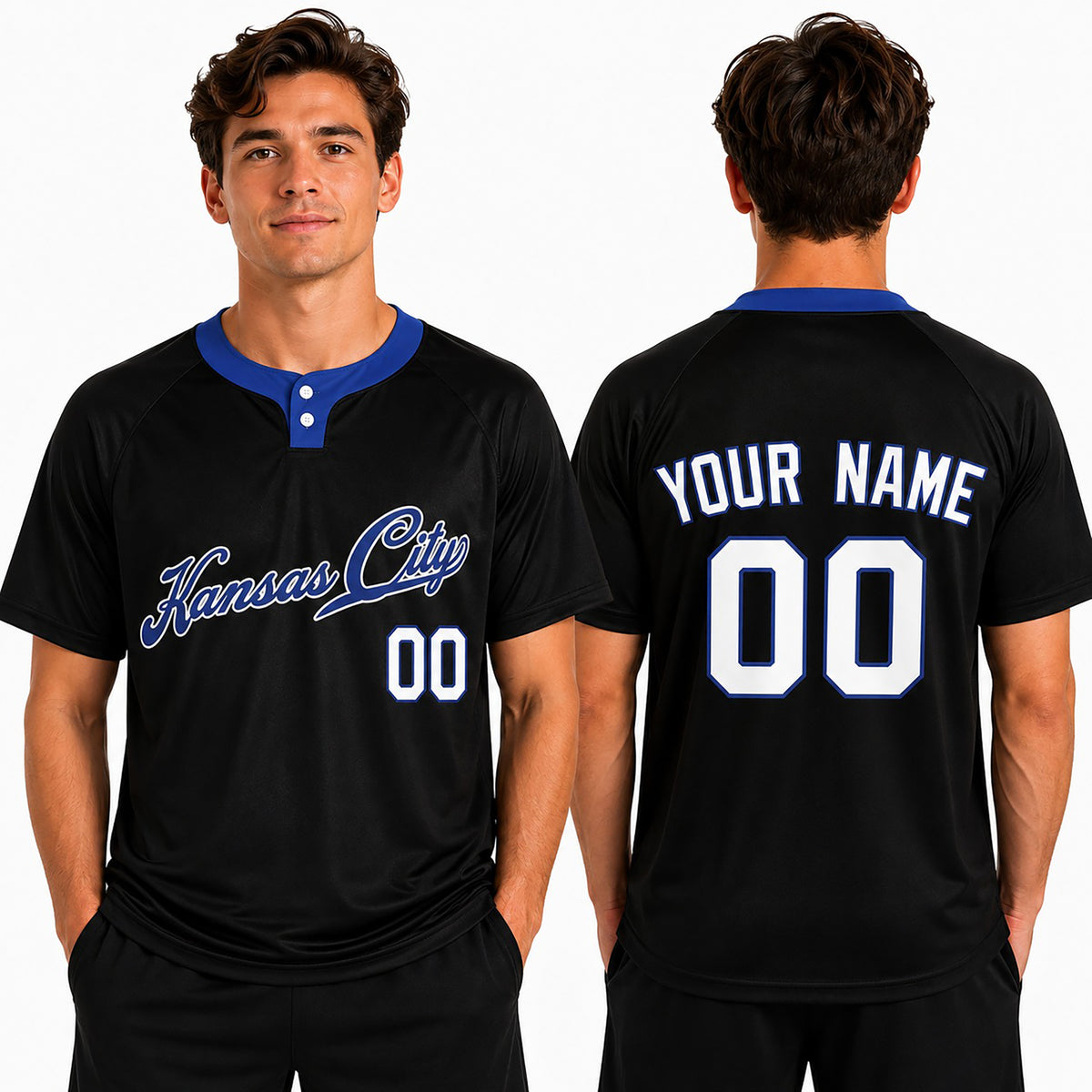 Custom Kansas City Two-Button Baseball Jersey - Blackout Outline Style, Personalized Name & Number-1