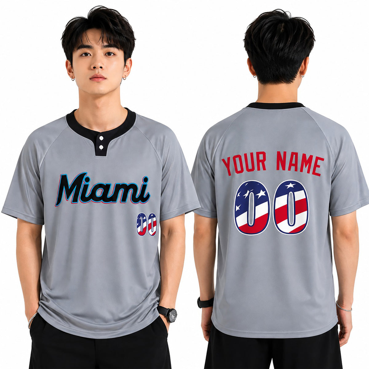 Custom Miami Two-Button Baseball Jersey - USA 250th Fourth of July Stadium Style, Personalized Name & Number-1