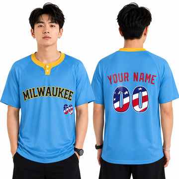 Custom Milwaukee Two-Button Baseball Jersey - USA 250th Fourth of July Stadium Style, Personalized Name & Number-1
