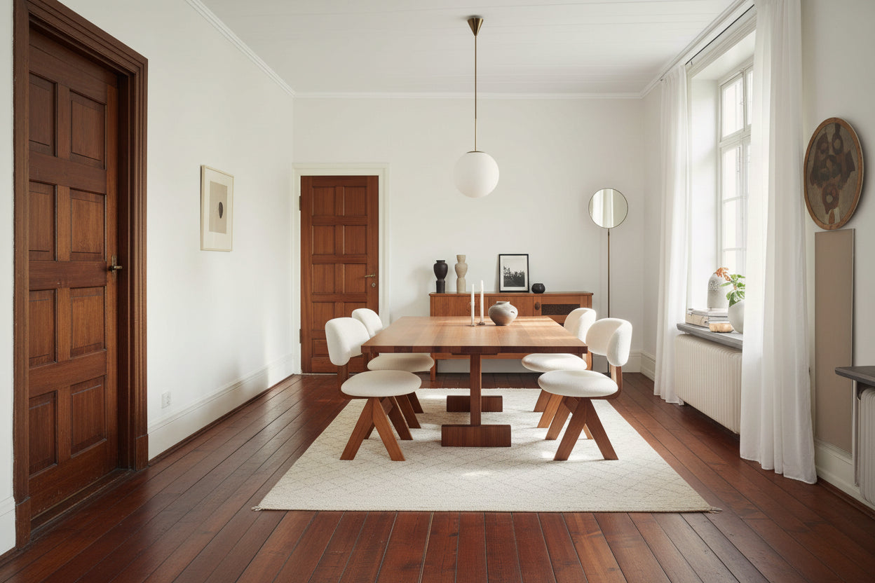 Dining room with wooden table, chairs, and decor elements.