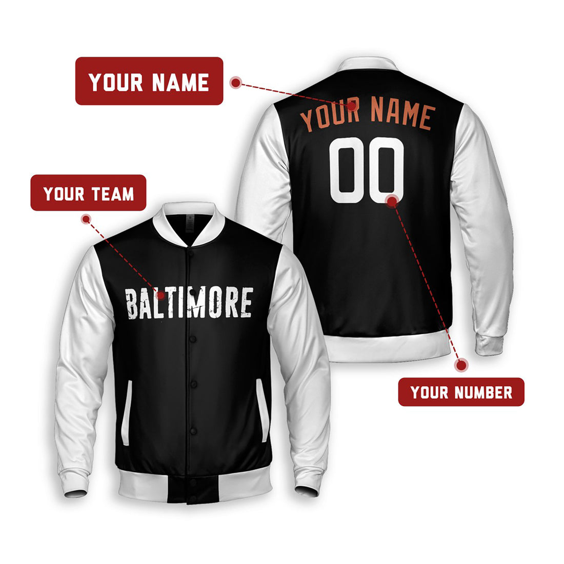 Personalized Baltimore Orioles Varsity Jacket – Black White City Style, Custom Name & Number-1