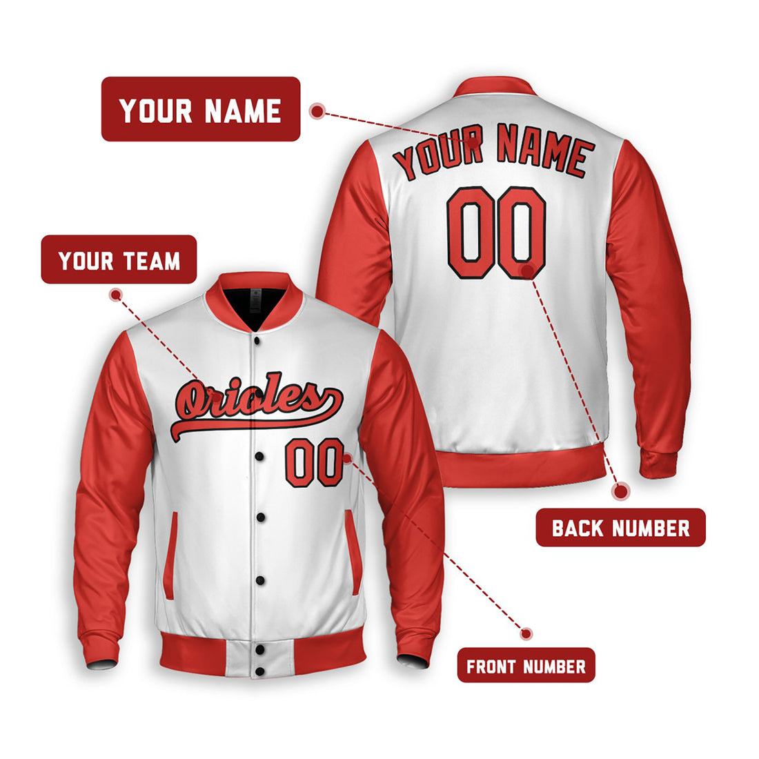 Personalized Baltimore Orioles Varsity Jacket – White Red Home Style, Custom Name & Number-1