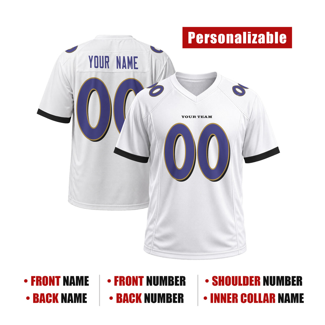 Personalized Baltimore Ravens Football Jersey – White Fuse Style, Custom Name & Number-1