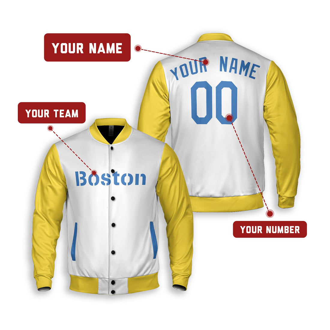 Personalized Boston Red Sox Varsity Jacket – White Yellow City Style, Custom Name & Number-1