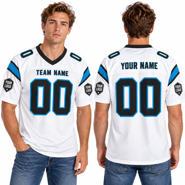 Personalized Carolina Panthers Football Jersey – White Game Style, Custom Name Patch, Team Name, Number & Logo-1