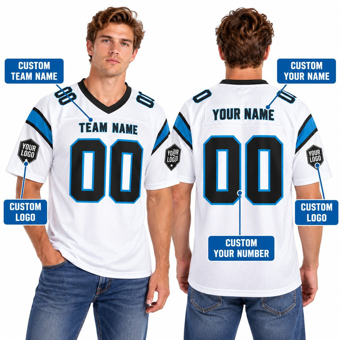 Personalized Carolina Panthers Football Jersey – White Game Style, Custom Name Patch, Team Name, Number & Logo-1