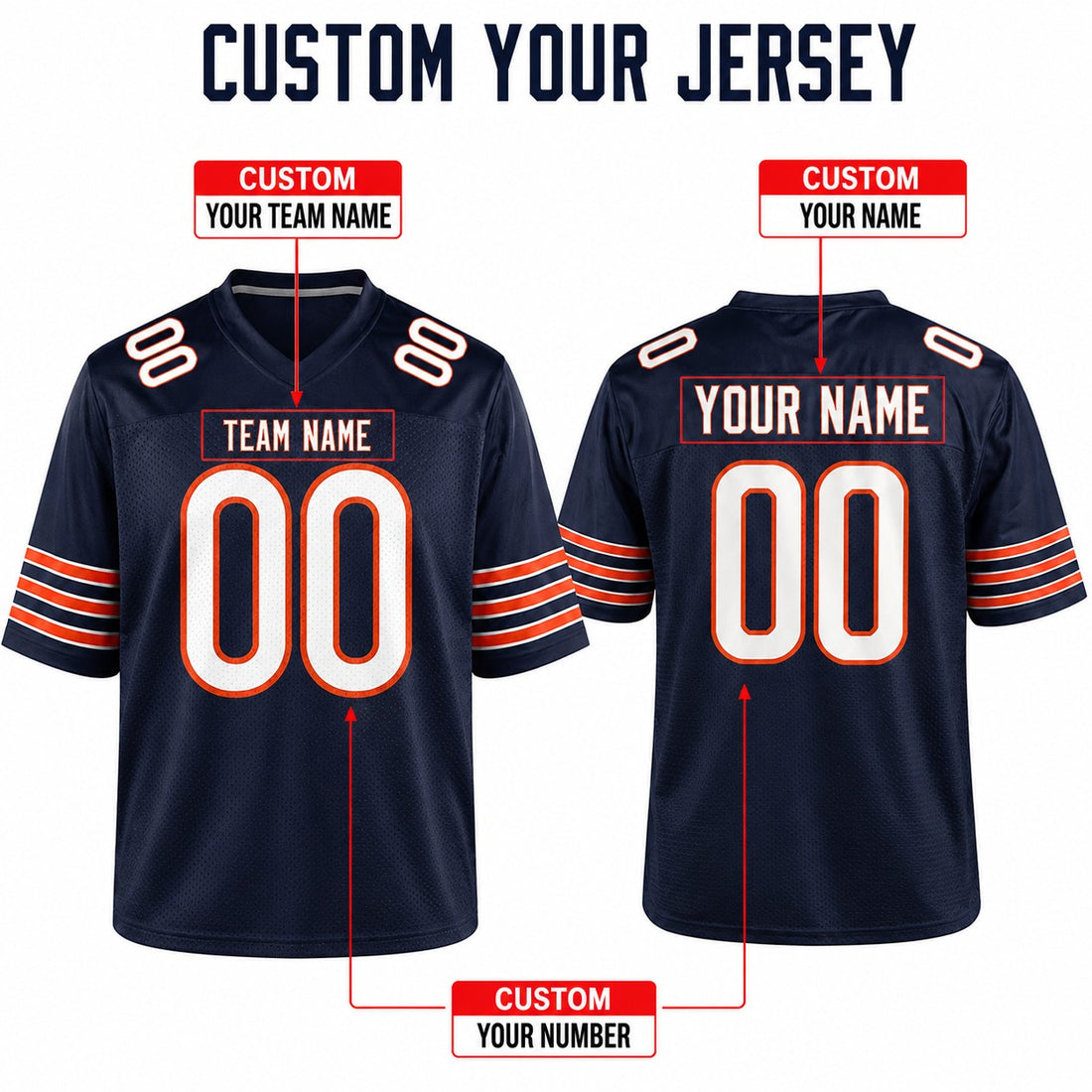 Personalized Chicago Bears Football Jersey – Navy Game Style, Custom Name Patch, Team Name, Number & Logo-1