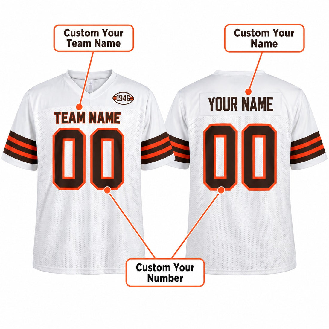 Personalized Cleveland Browns 1946 Football Jersey – White Alternate Style, Custom Name Patch, Team Name, Number & Logo- 1