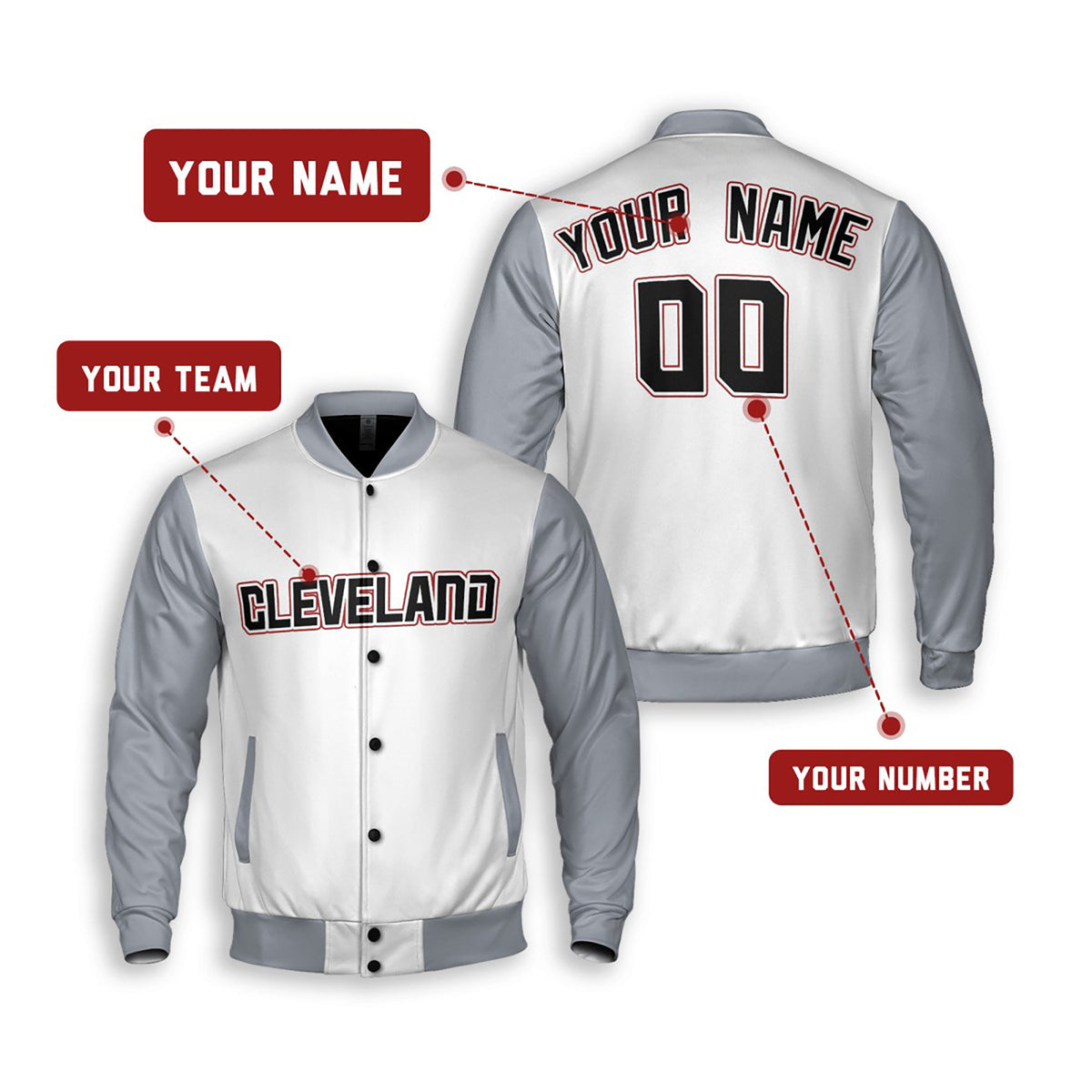Personalized Cleveland Guardians Varsity Jacket – White Gray Road Style, Custom Name & Number-2