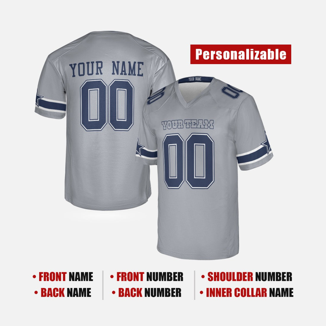Personalized Dallas Cowboys Football Jersey - Gray Inverted Legend Player Style, Custom Name & Number-1