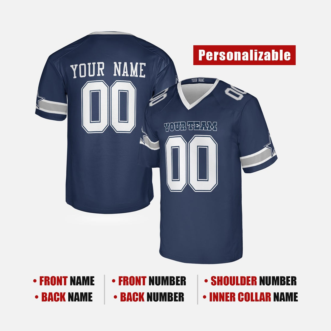 Personalized Dallas Cowboys Football Jersey - Navy Fan Style, Custom Name & Number-1