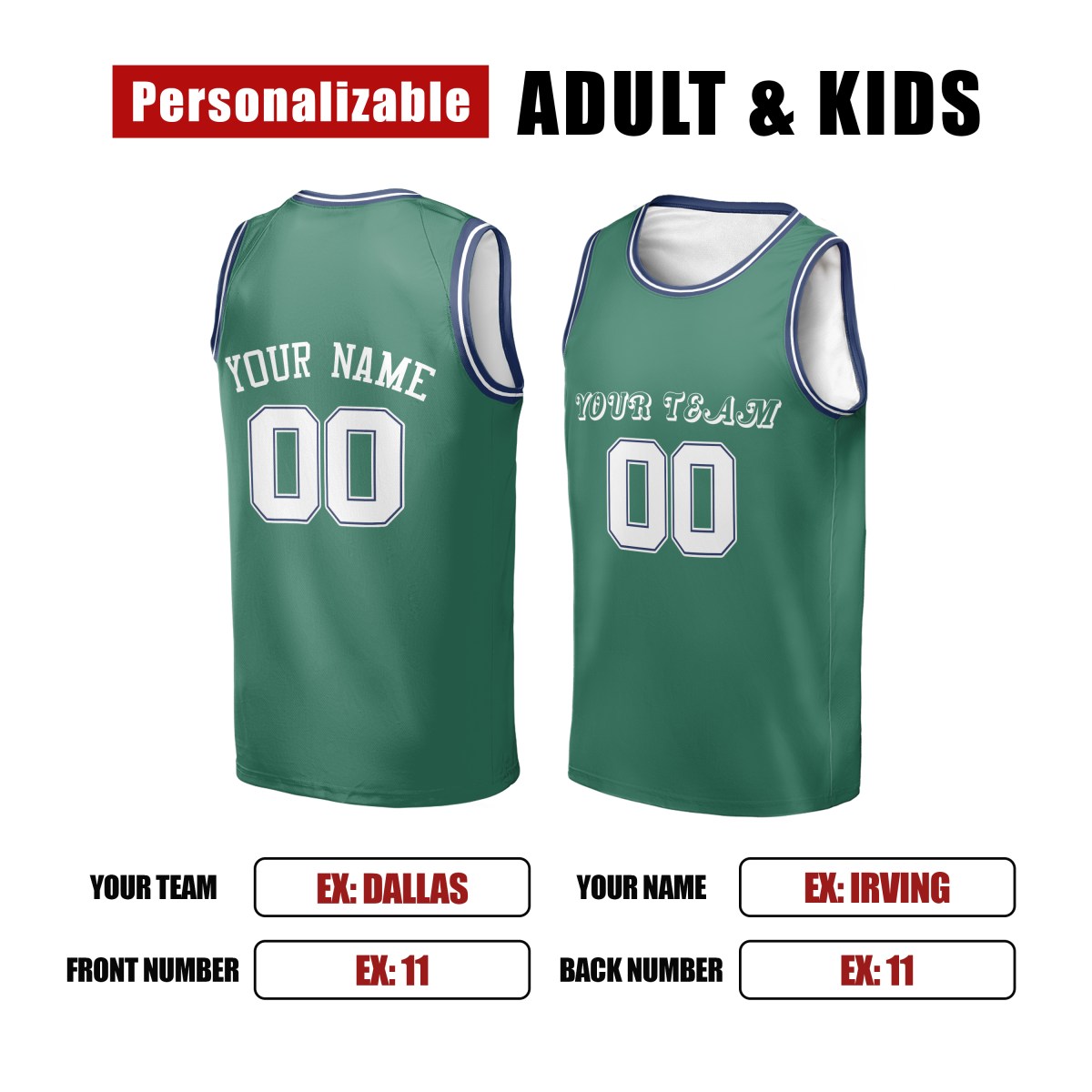 Personalized Dallas Mavericks Basketball Jersey - Green Fast Break Classic Style, Custom Name & Number-2
