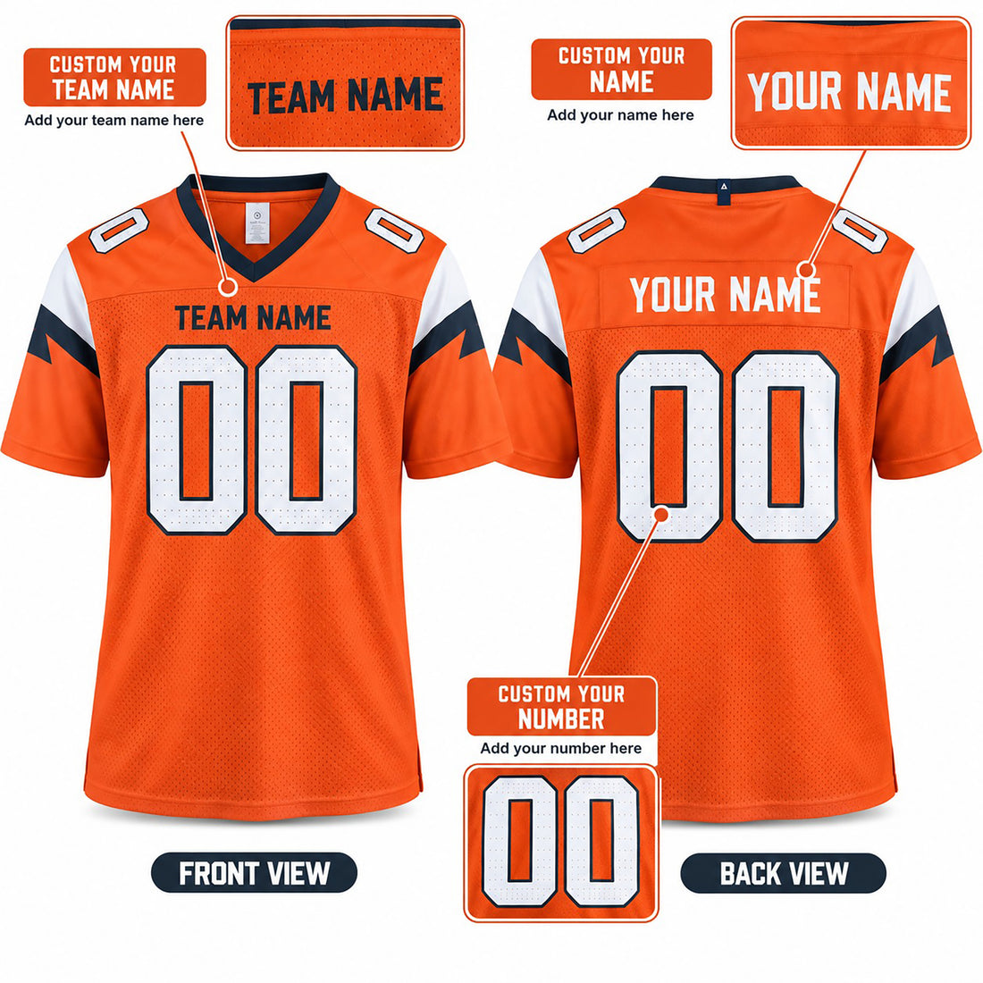 Personalized Denver Broncos Football Jersey – Orange Game Style, Custom Name Patch, Team Name, Number & Logo-1
