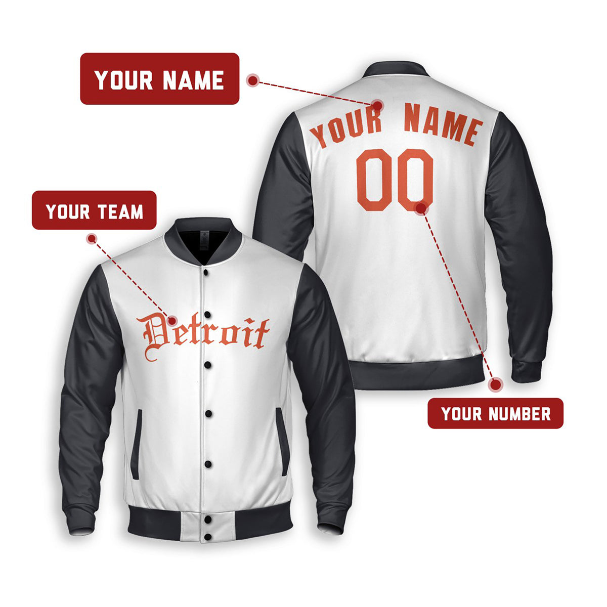 Personalized Detroit Tigers Varsity Jacket – White Black Alternate Style, Custom Name & Number-2