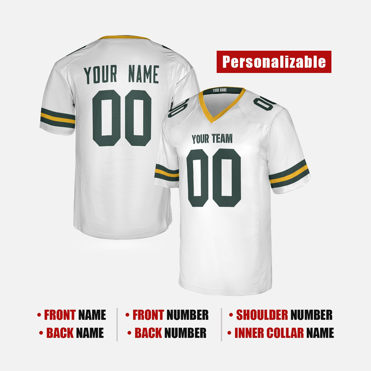 Personalized Green Bay Packers Football Jersey - White Fan Style, Custom Name & Number-2