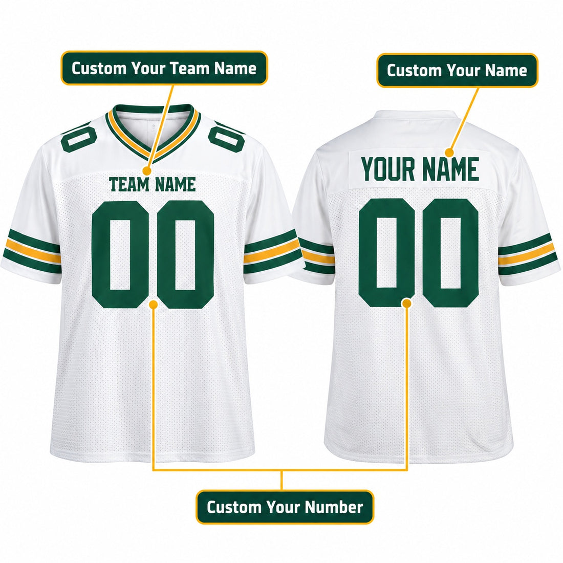 Personalized Green Bay Packers Football Jersey – White Game Style, Custom Name Patch, Team Name, Number & Logo-1