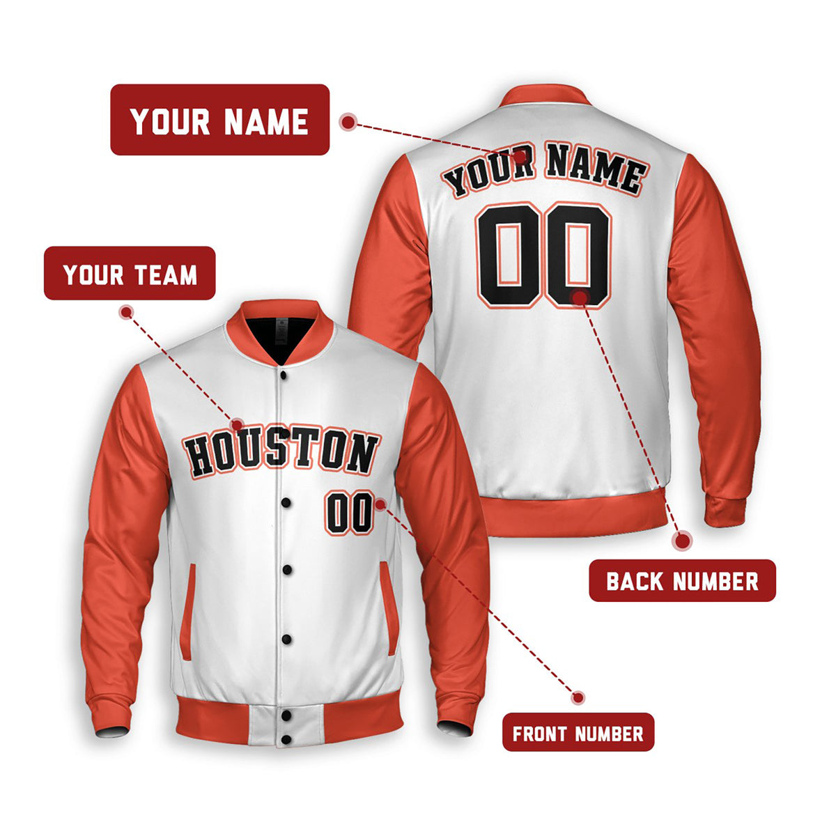 Personalized Houston Astros Varsity Jacket – White Orange Alternate Style, Custom Name & Number-2