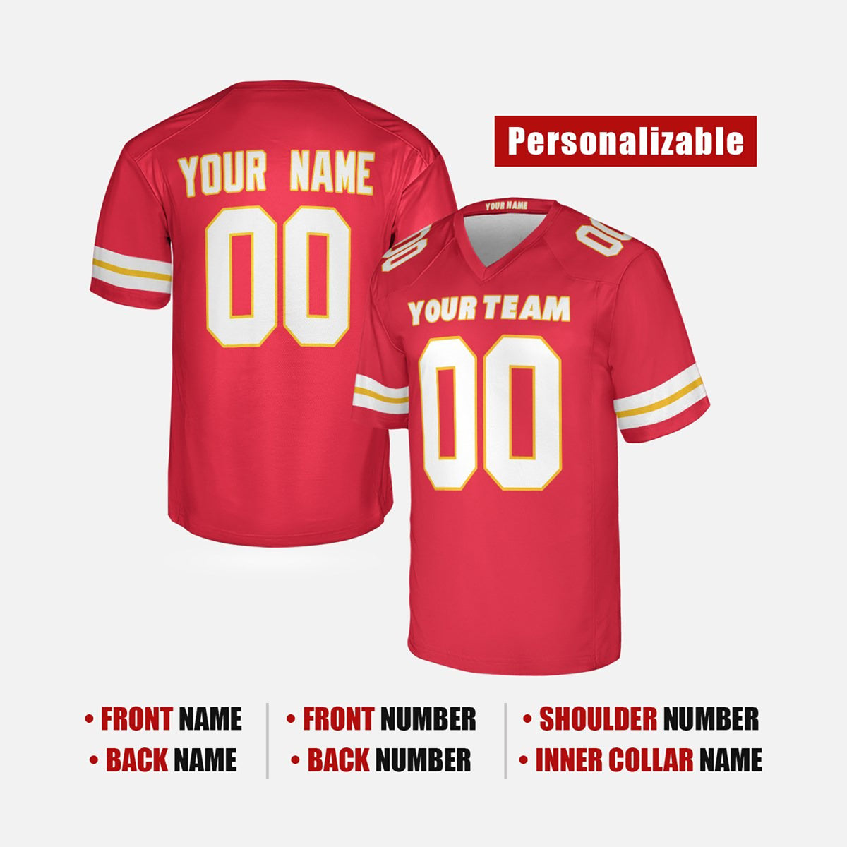 Personalized Kansas City Chiefs Football Jersey - Red Fan Style, Custom Name & Number-2