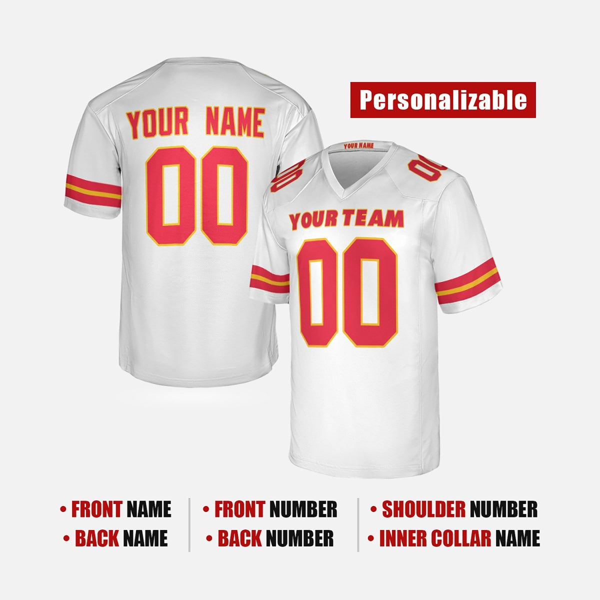 Personalized Kansas City Chiefs Football Jersey - White Fan Style, Custom Name & Number-2