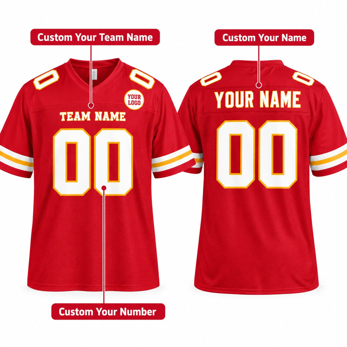 Personalized Kansas City Chiefs Football Jersey – Red Game Style, Custom Name Patch, Team Name, Number & Logo-2