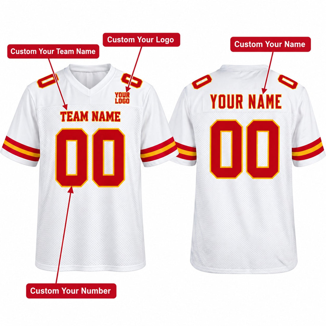Personalized Kansas City Chiefs Football Jersey – White Game Style, Custom Name Patch, Team Name, Number & Logo-1