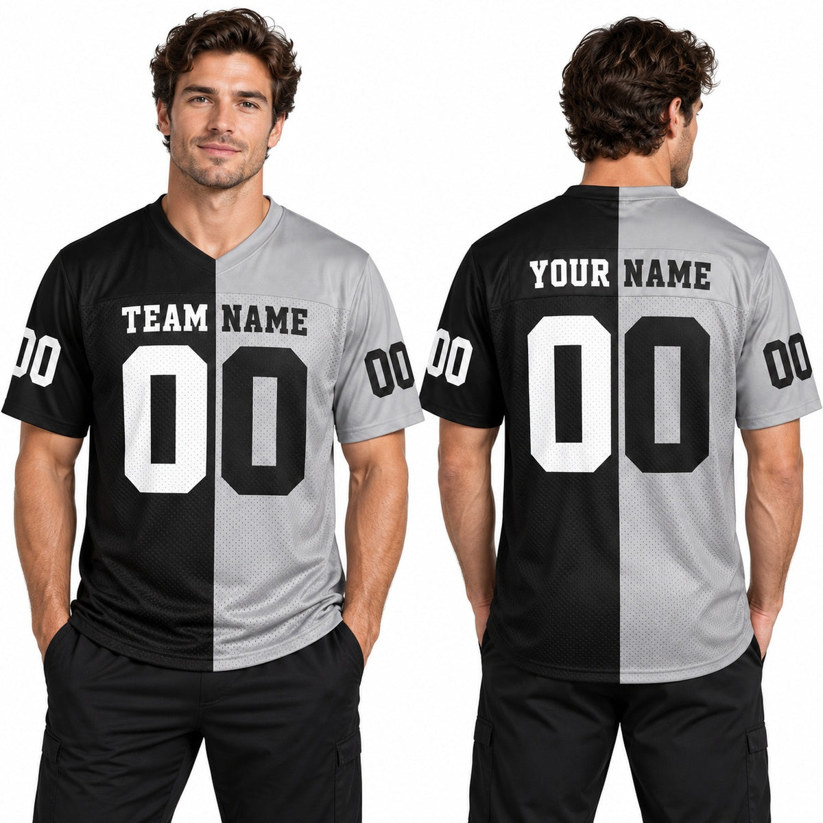 Personalized Las Vegas Raiders Football Jersey – Black Silver Split Legacy Style, Custom Name Patch, Team Name, Number & Logo-1