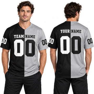 Personalized Las Vegas Raiders Football Jersey – Black Silver Split Legacy Style, Custom Name Patch, Team Name, Number & Logo-1