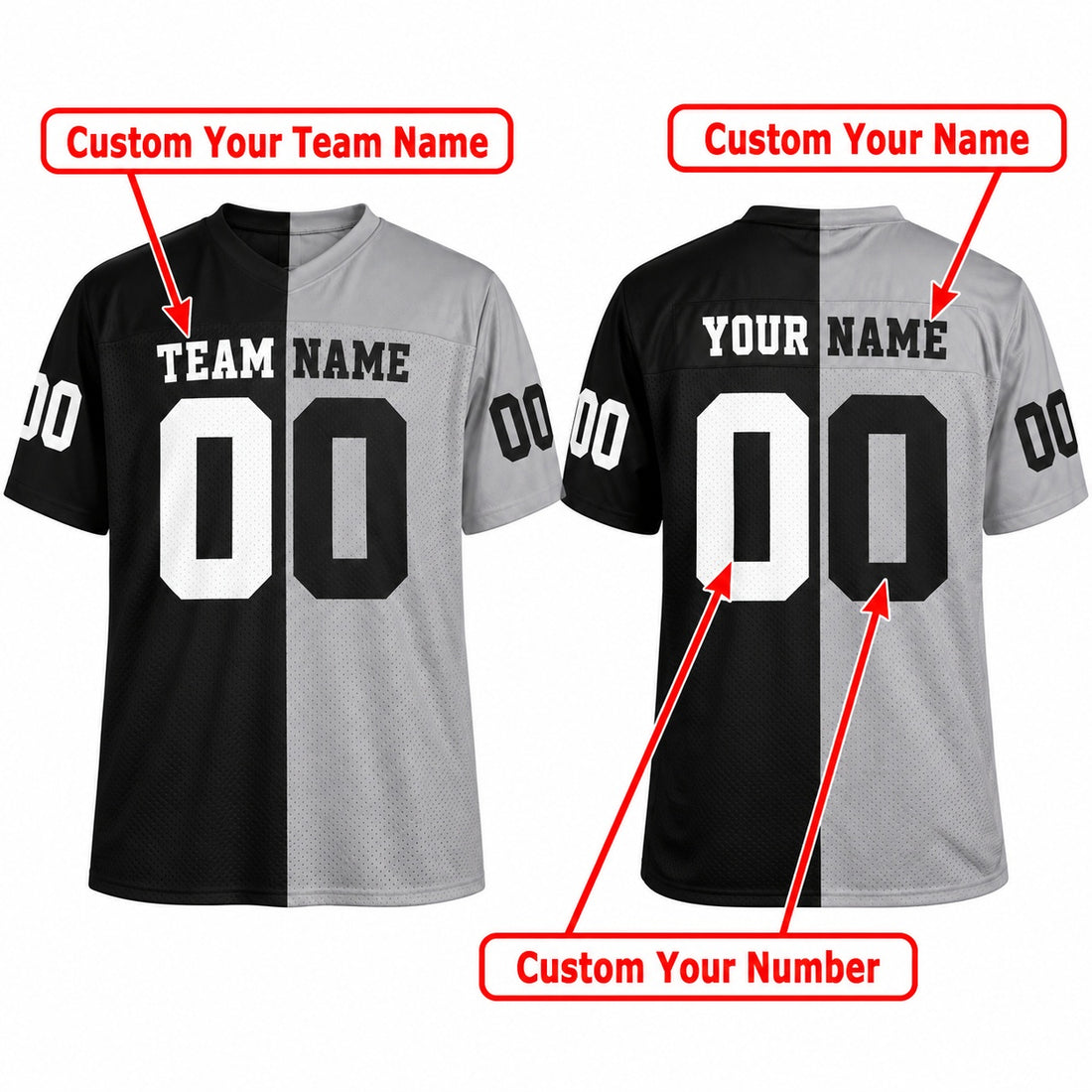 Personalized Las Vegas Raiders Football Jersey – Black Silver Split Legacy Style, Custom Name Patch, Team Name, Number & Logo-1
