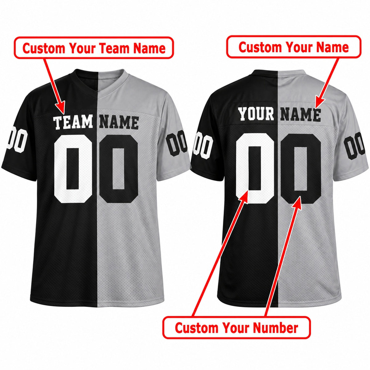 Personalized Las Vegas Raiders Football Jersey – Black Silver Split Legacy Style, Custom Name Patch, Team Name, Number & Logo-2