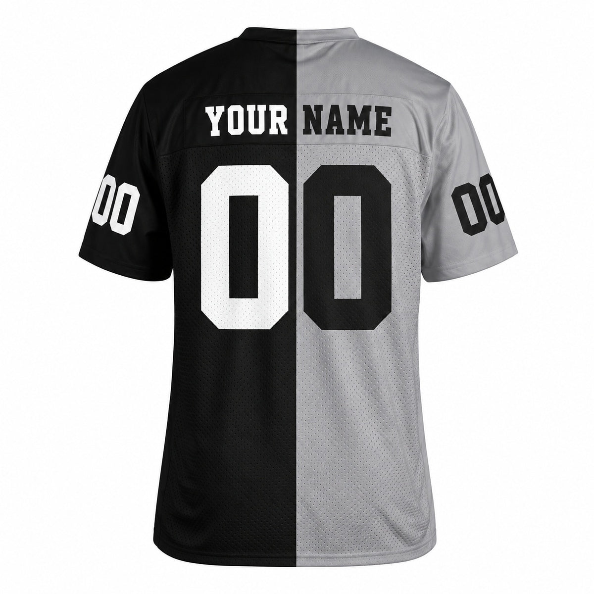 Personalized Las Vegas Raiders Football Jersey – Black Silver Split Legacy Style, Custom Name Patch, Team Name, Number & Logo-4