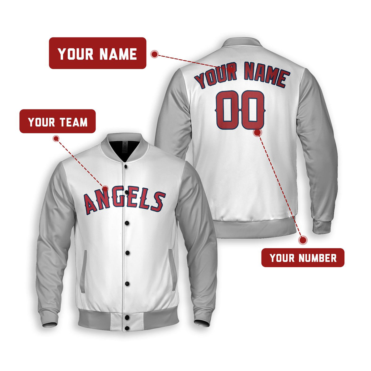 Personalized Los Angeles Angels Varsity Jacket – White Gray Road Style, Custom Name & Number-2