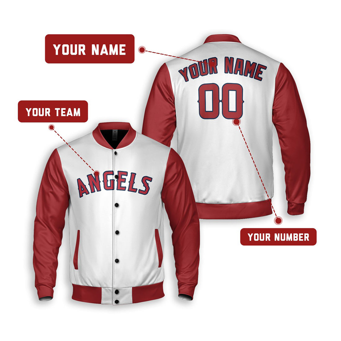 Personalized Los Angeles Angels Varsity Jacket – White Red Alternate Style, Custom Name & Number-1