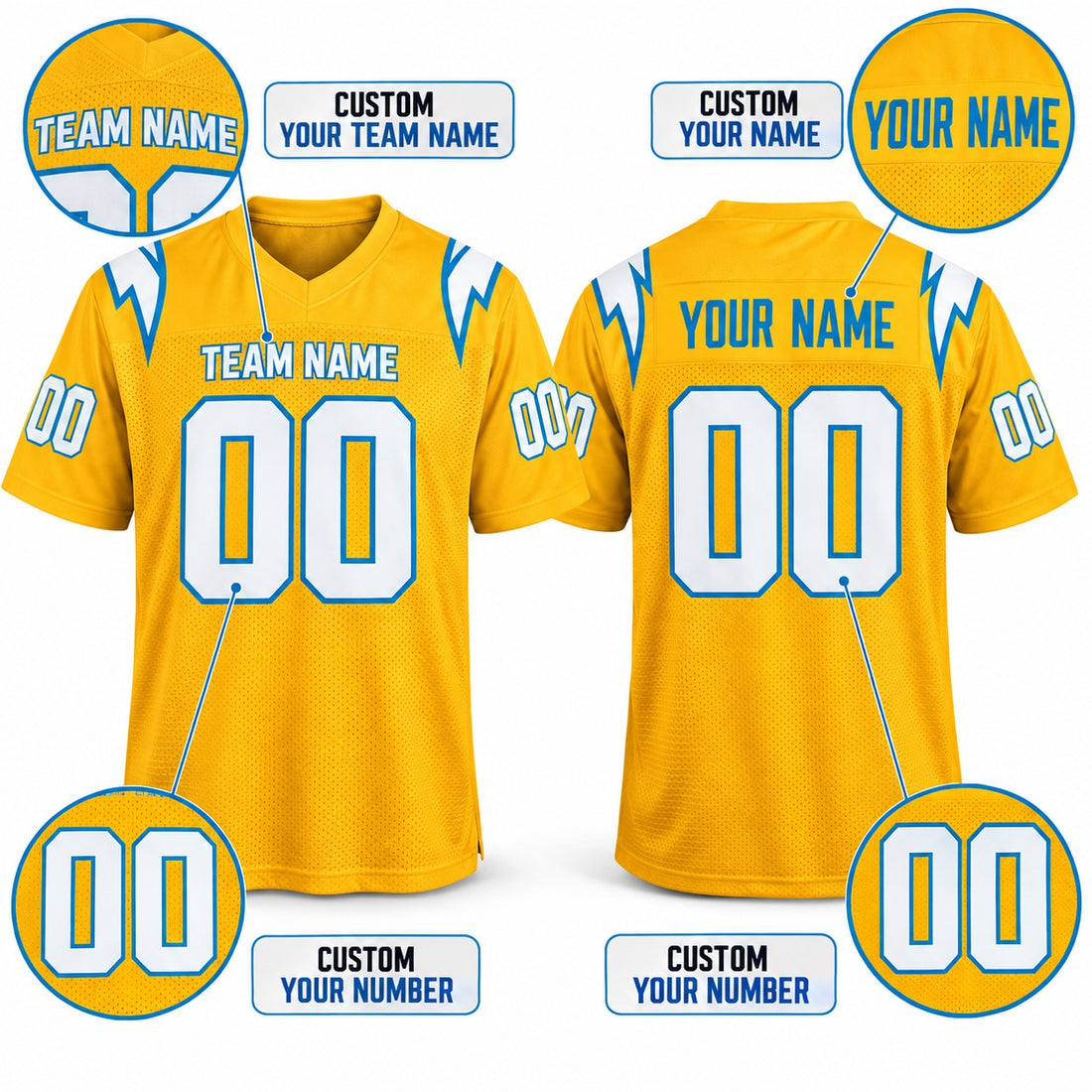 Personalized Los Angeles Chargers Football Jersey – Gold Charger Power Legend Style, Custom Name Patch, Team Name, Number & Logo-1