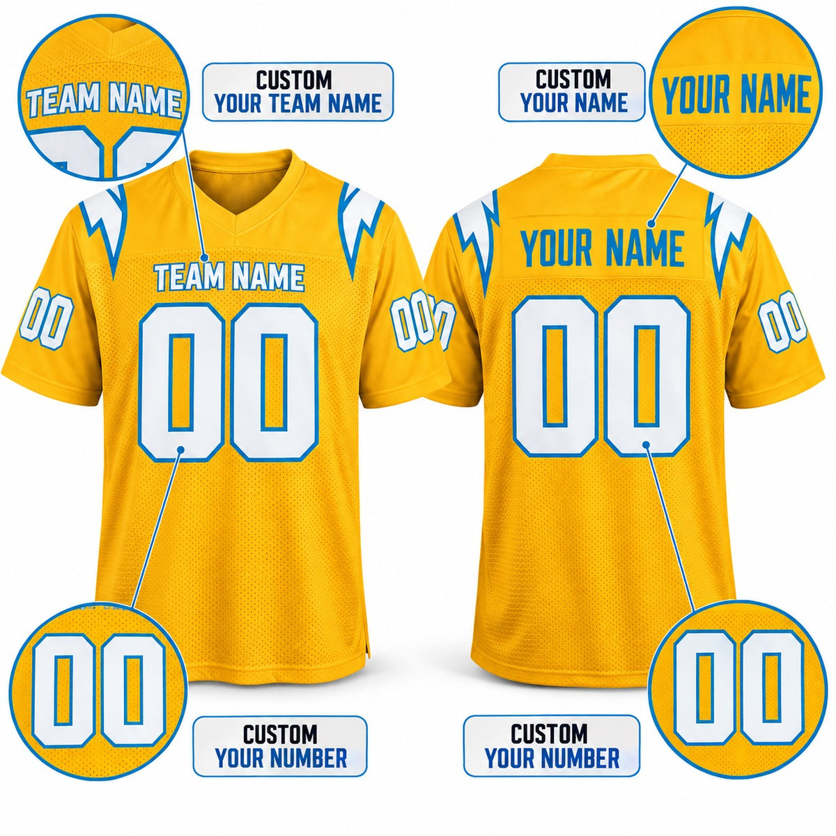 Personalized Los Angeles Chargers Football Jersey – Gold Charger Power Legend Style, Custom Name Patch, Team Name, Number & Logo-2