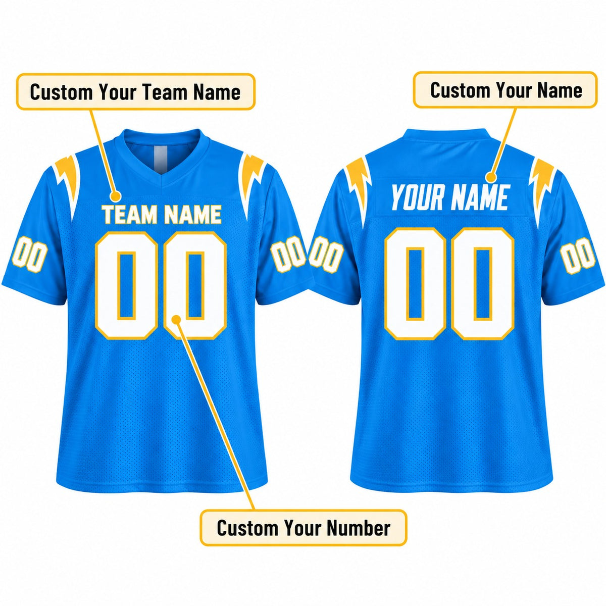 Personalized Los Angeles Chargers Football Jersey – Powder Blue Game Style, Custom Name Patch, Team Name, Number & Logo-2