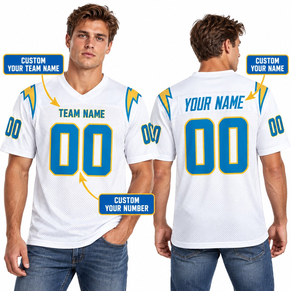 Personalized Los Angeles Chargers Football Jersey – White Game Style, Custom Name Patch, Team Name, Number & Logo-1