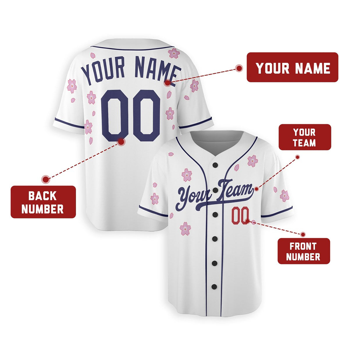 Personalized Los Angeles Dodgers Baseball Jersey – White Flowers Style, Custom Name & Number-2