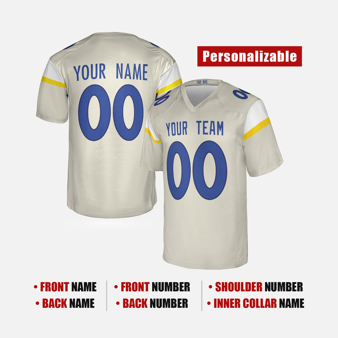 Personalized Los Angeles Rams Football Jersey - Bone Fan Style, Custom Name & Number-1