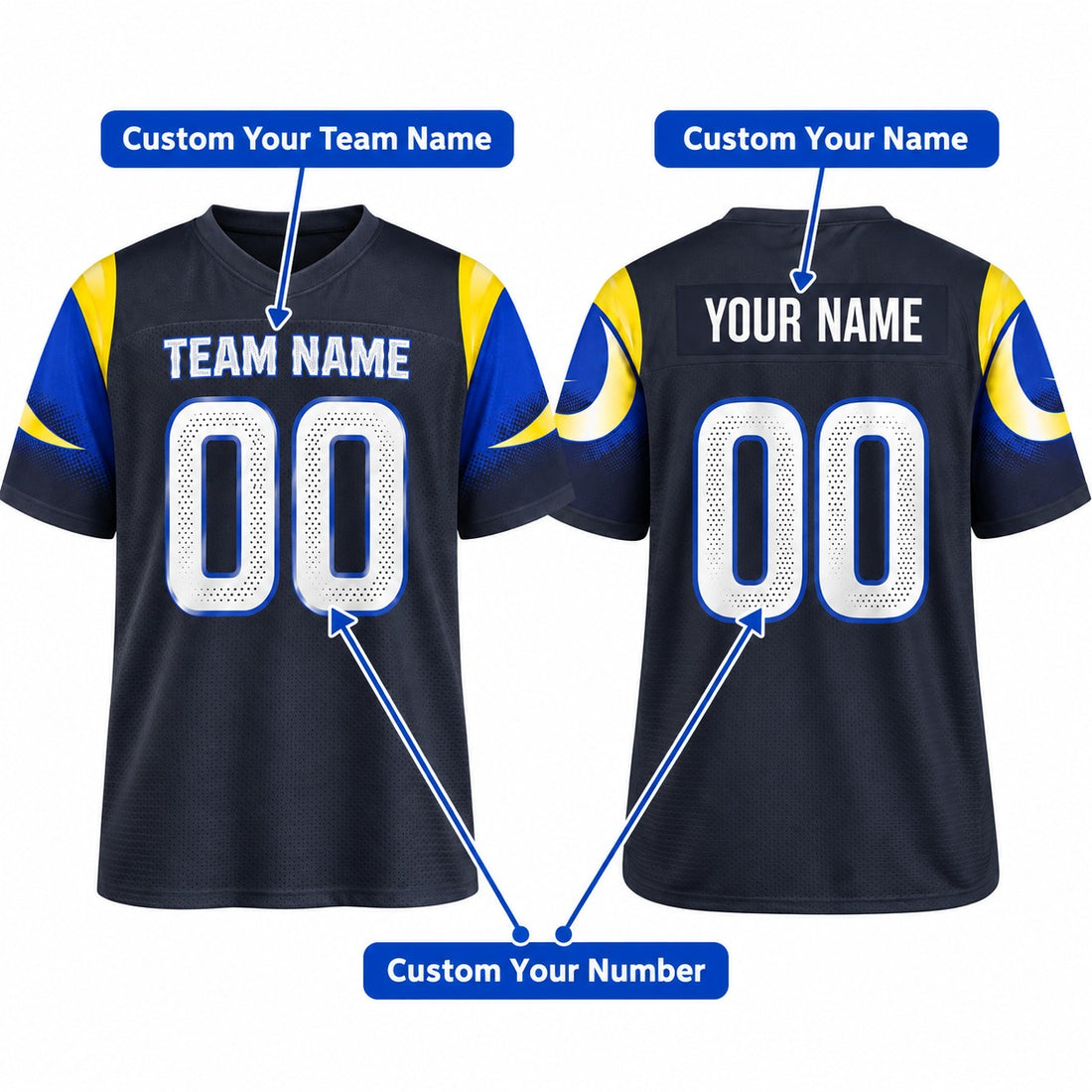 Personalized Los Angeles Rams Football Jersey – Dark Blue Rivalries Style, Custom Name Patch, Team Name, Number & Logo-1