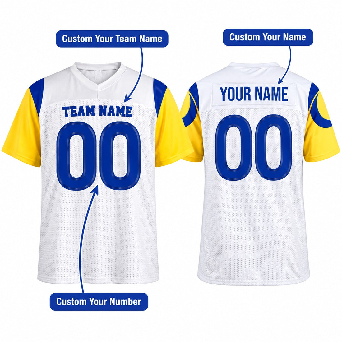 Personalized Los Angeles Rams Football Jersey – White Game Style, Custom Name Patch, Team Name, Number & Logo-1