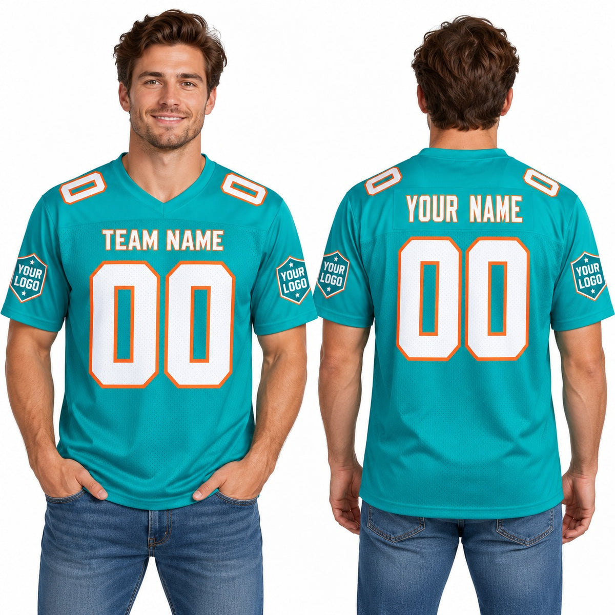 Personalized Miami Dolphins Football Jersey – Aqua Game Style, Custom Name Patch, Team Name, Number & Logo-1