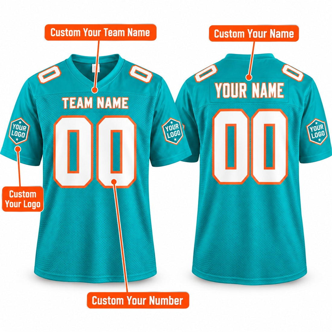 Personalized Miami Dolphins Football Jersey – Aqua Game Style, Custom Name Patch, Team Name, Number & Logo-1