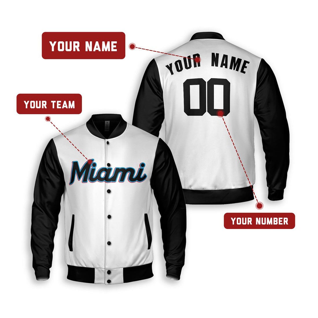 Personalized Miami Marlins Varsity Jacket – White Black Home Style, Custom Name & Number-1