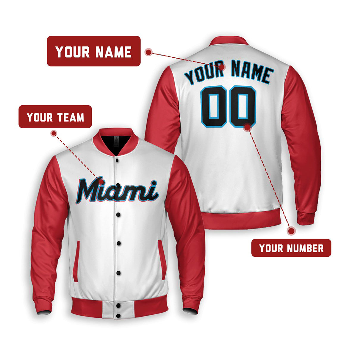 Personalized Miami Marlins Varsity Jacket – White Red City Style, Custom Name & Number-2