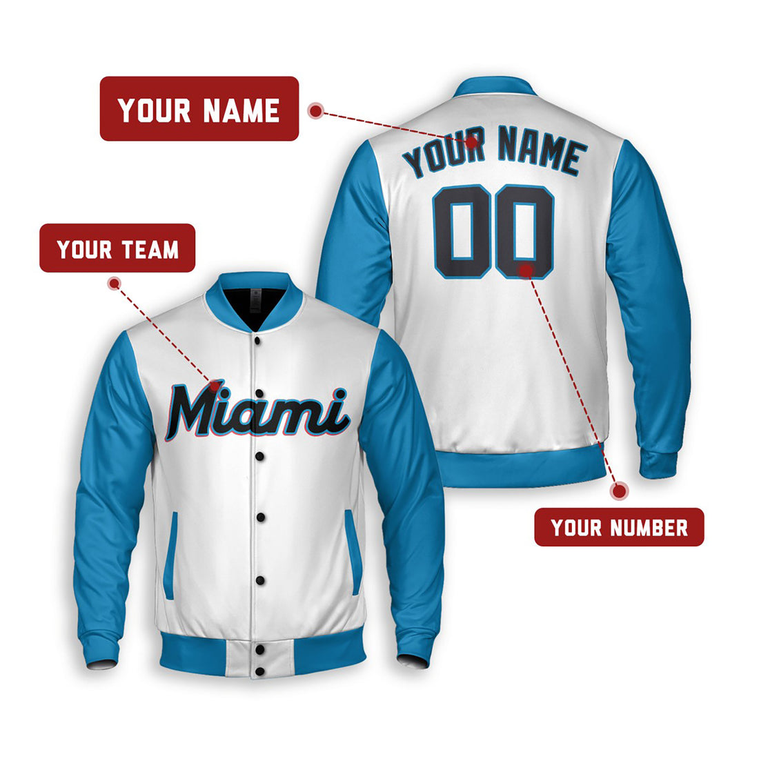Personalized Miami Marlins Varsity Jacket – White Sky Blue Alternate Style, Custom Name & Number-1