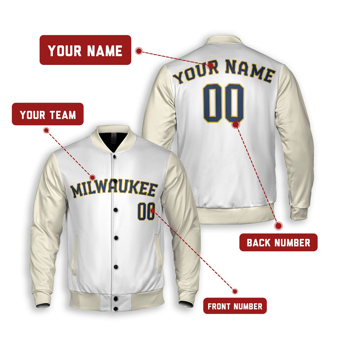 Personalized Milwaukee Brewers Varsity Jacket – White Cream Home Style, Custom Name & Number-2